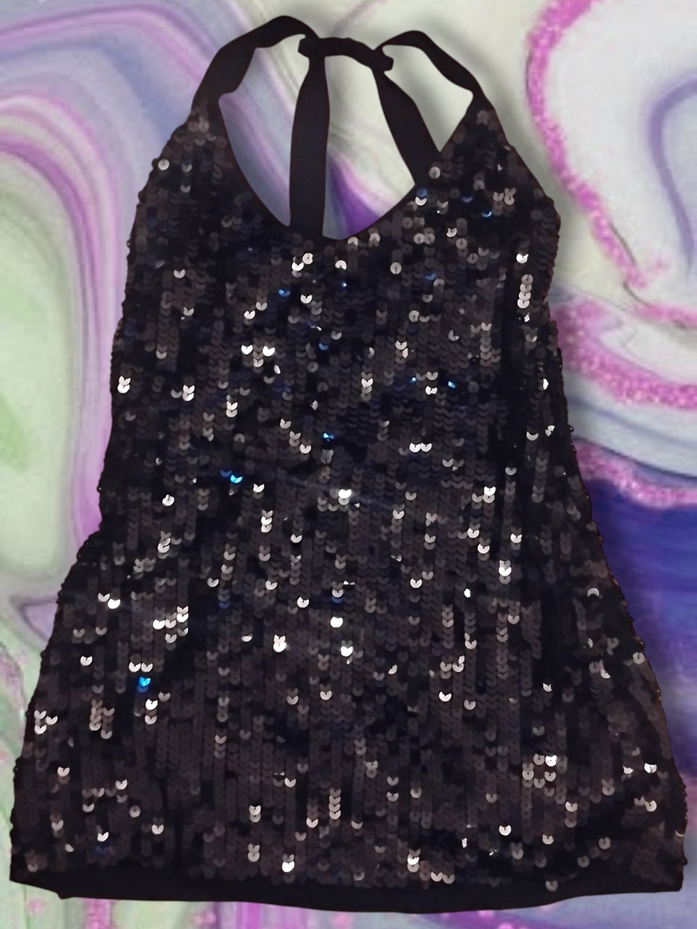 Women's Sequin Sprappy Halter Mini Dress Black Size Large Stretchy Date Night - Picture 3 of 8